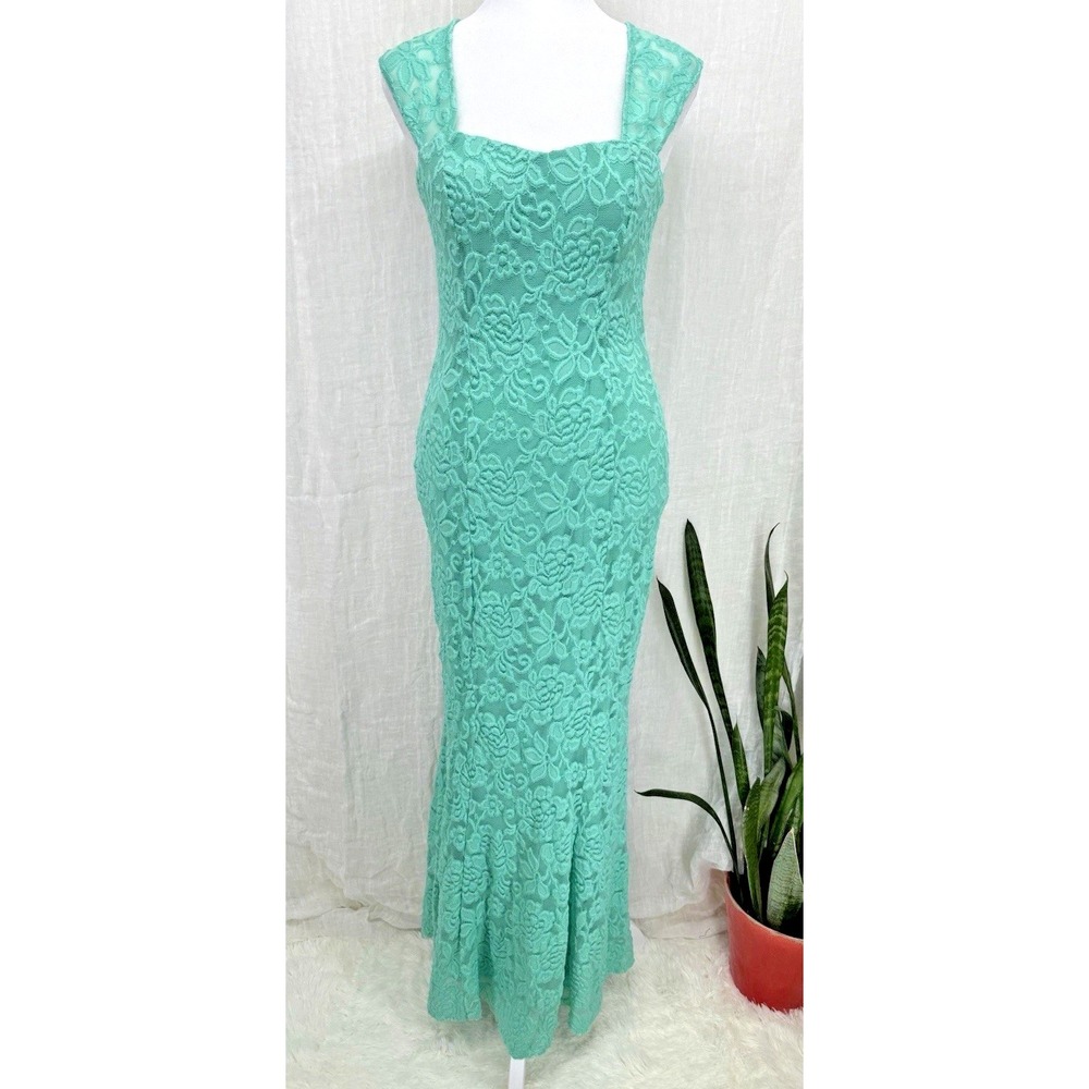 La Scala Vintage Y2K Teal Floral Lace Mermaid Maxi Dress M Formal Wedding Guest